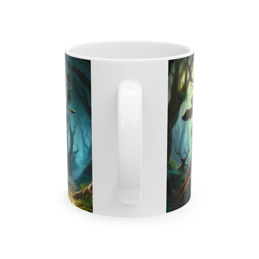 Mug | Keramik | Putih | Fantasi Hutan | Pemanah Mistis