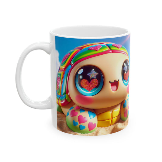 Mug | Céramique | Blanc | Kawaii Fantaisie | Tortue Arc-en-ciel