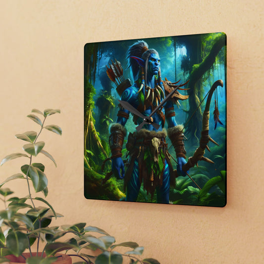 Wall Clock | Acrylic | Round or Square | Tribal Fantasy | Wood Elf Warrior