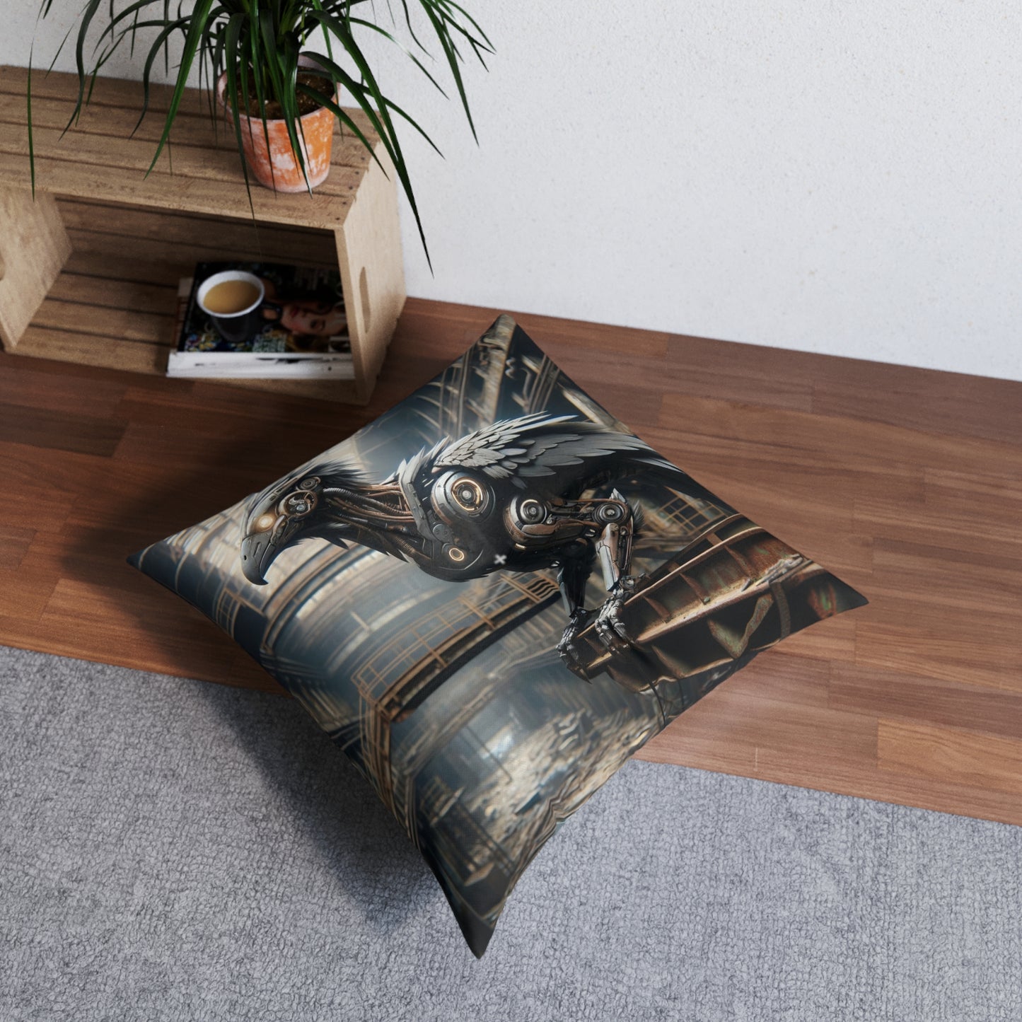 Coussin | Coussin de sol | Tufté | Carré | Steampunk | Rétrofuturisme | Corbeau