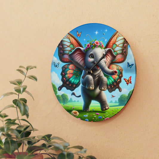 Jam Dinding | Akrilik | Bulat atau Kotak | Fantasi Mitologi | Gajah Kupu-kupu