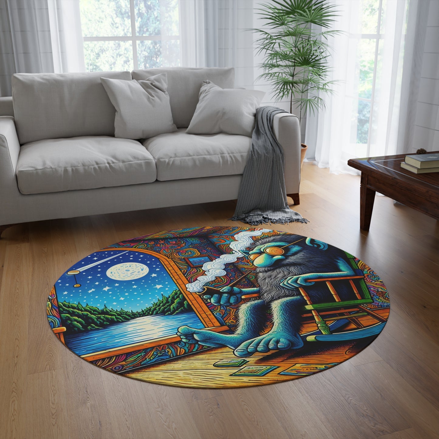 Teppich | Rund | Psychedelische Kunst | Traumreise | Wolf