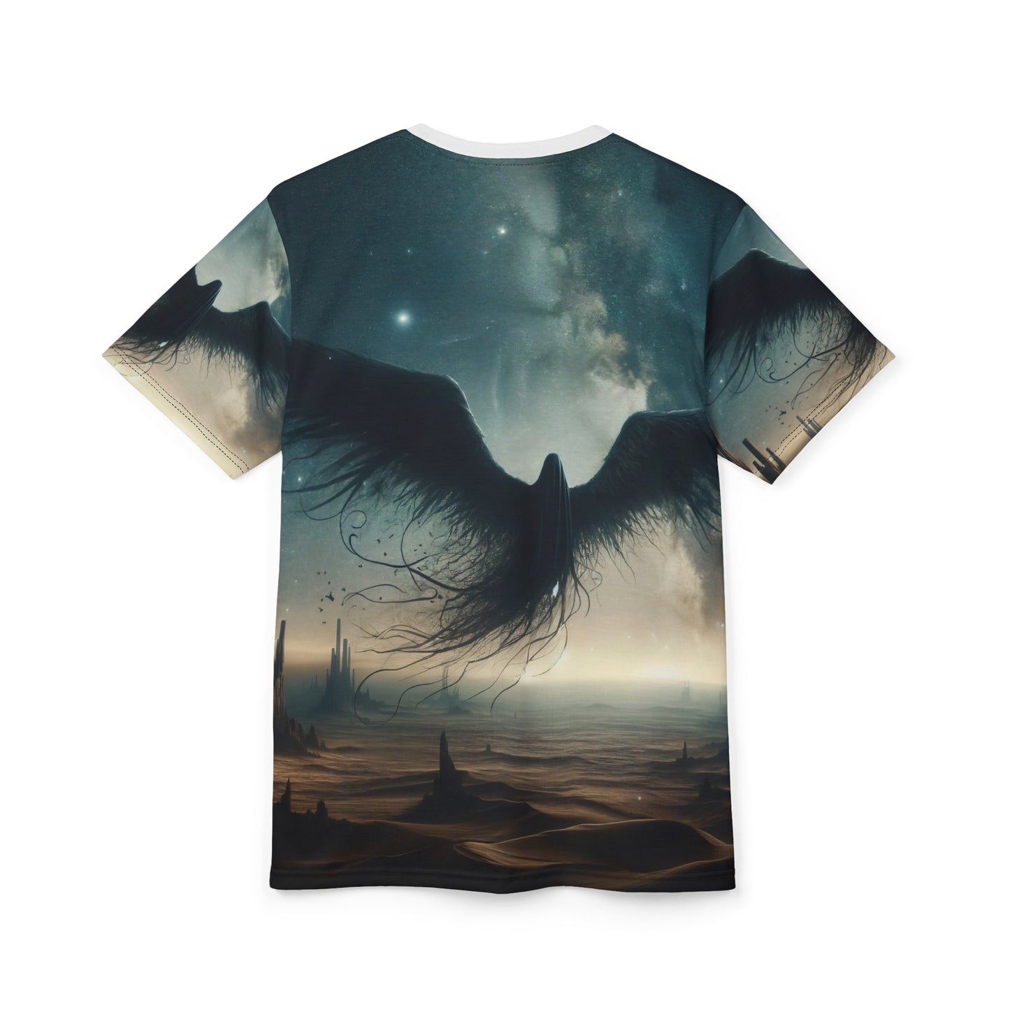 تي شيرت | طباعة شاملة | تي شيرت للجنسين | خيال كوني | كائن مجنح | رافن
