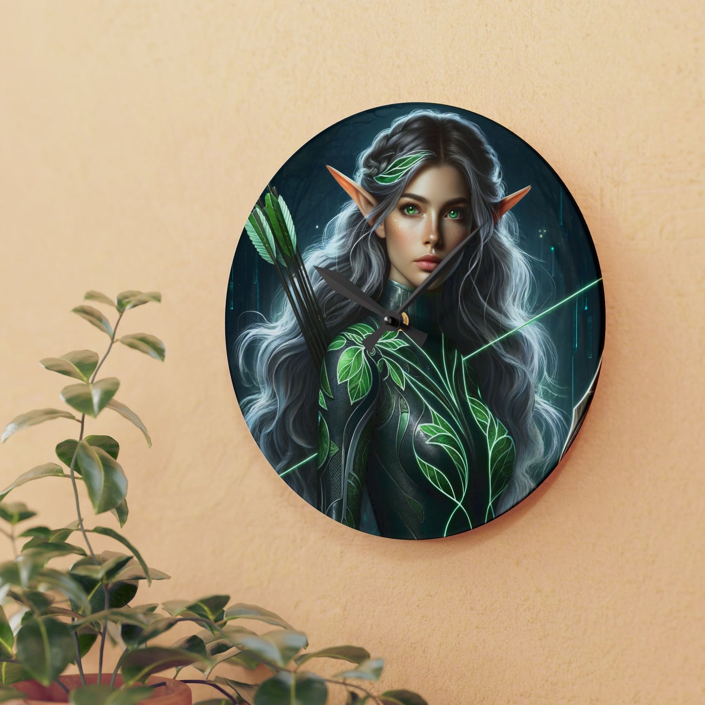 दीवार घड़ी | ऐक्रेलिक | गोल या चौकोर | वन एल्फ़ योद्धा | पत्ता संरक्षक