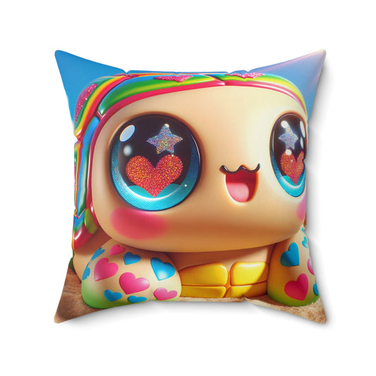 Oreiller | Polyester | Carré | Kawaii Fantaisie | Tortue Arc-en-ciel