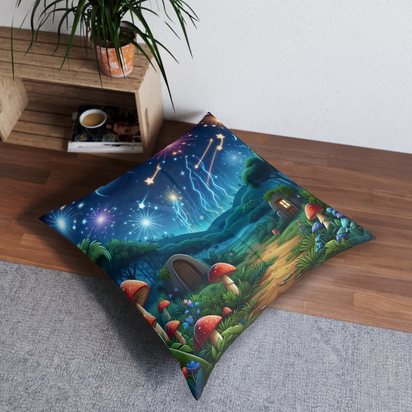 Yastık | Yer Minderi | Püsküllü | Kare | Fantastik Mantar Evi | Kozmik Gece