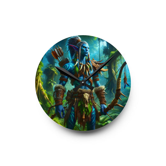 Wall Clock | Acrylic | Round or Square | Tribal Fantasy | Wood Elf Warrior