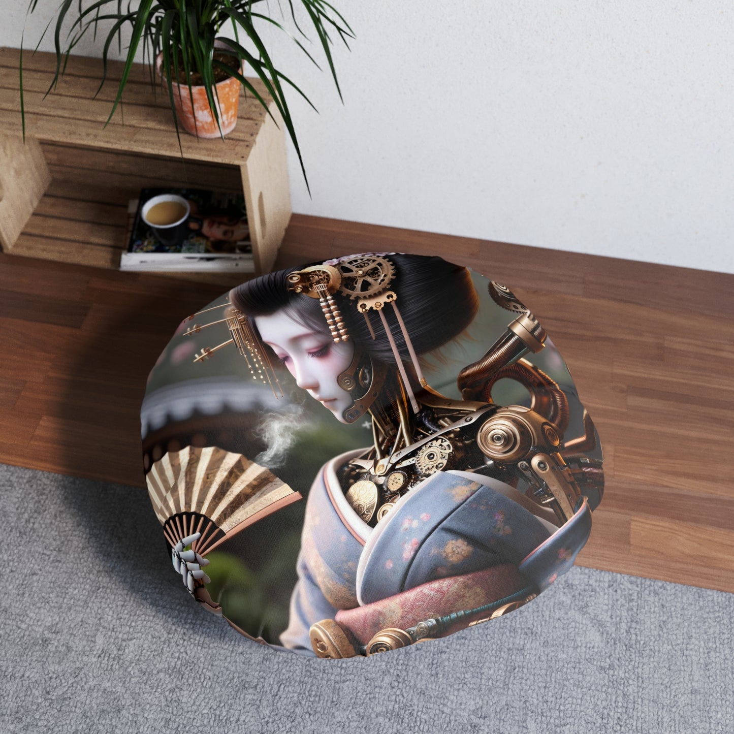 Poduszka | Poduszka podłogowa | Pikowana | Okrągły | Steampunk | Cyberpunk | Gejsza Robot