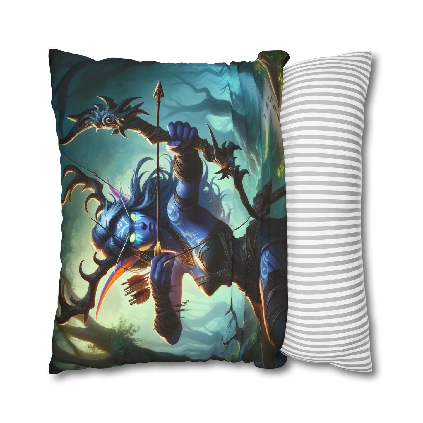 Kissenbezug | Quadratisch | Polyester-Leinwand | Waldgeist-Fantasy | Bogenschütze