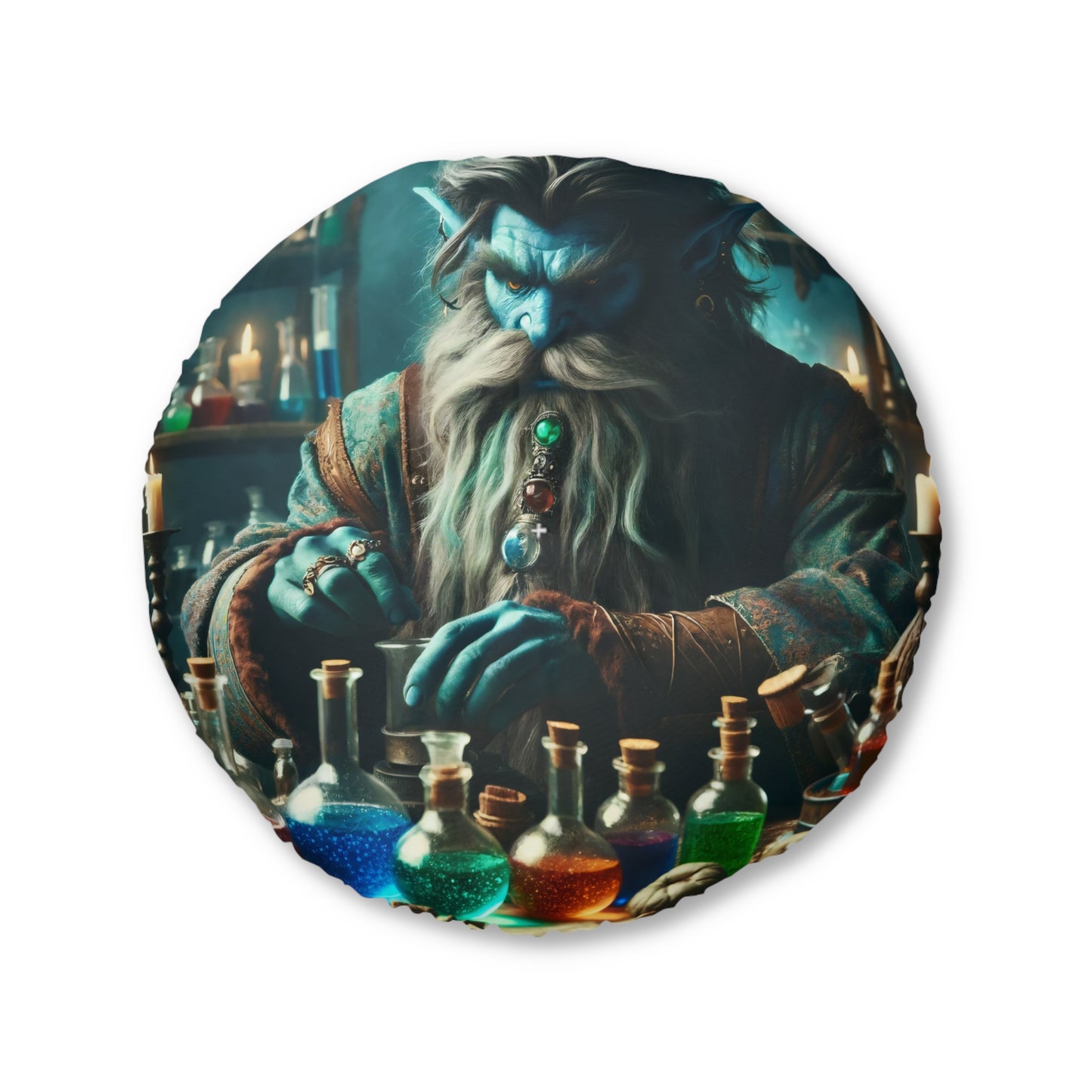 Cuscino | Cuscino da pavimento | Trapuntato | Rotondo | Alchimia Mistica | Djinn Blu