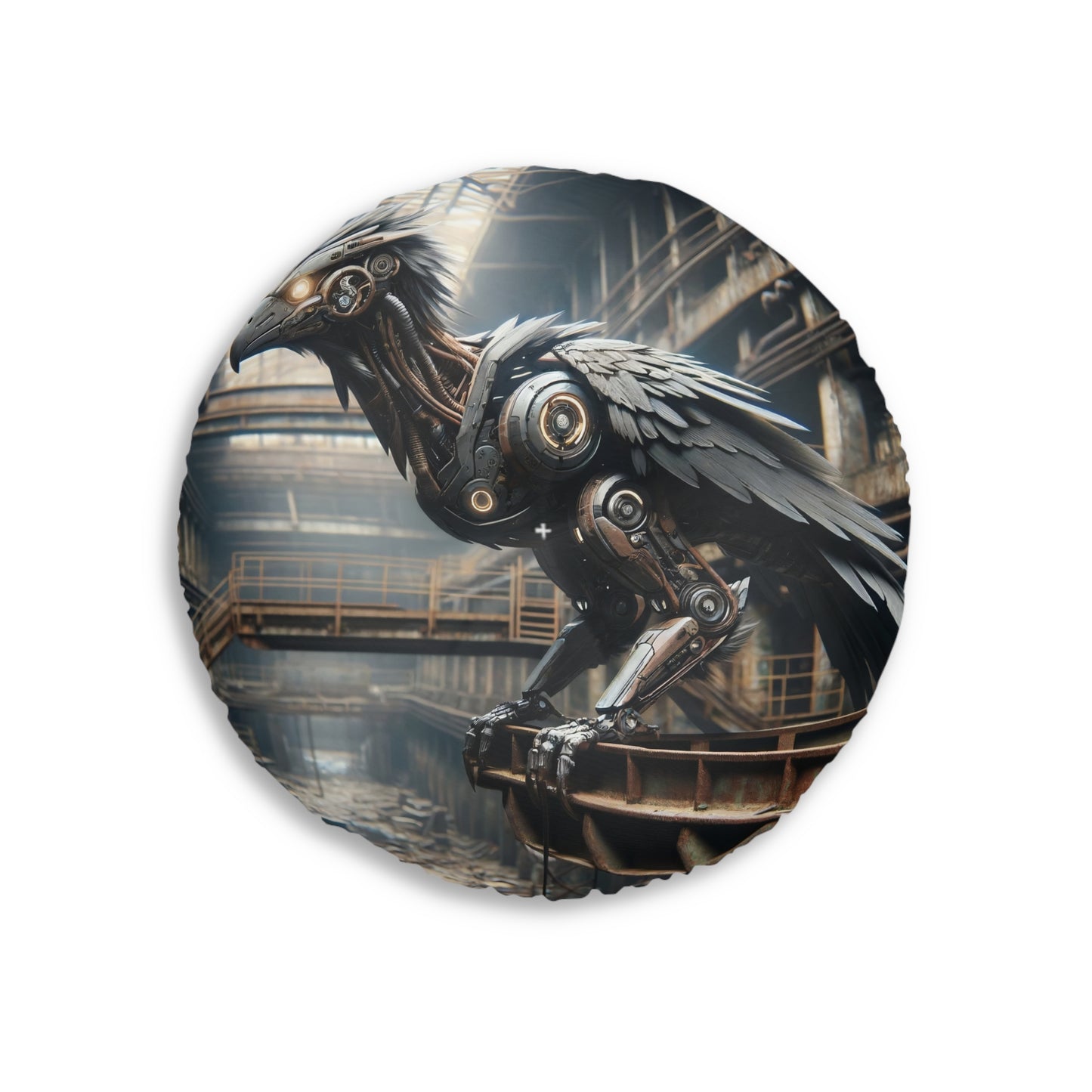Coussin | Coussin de sol | Tufté | Rond | Steampunk | Rétrofuturisme | Corbeau