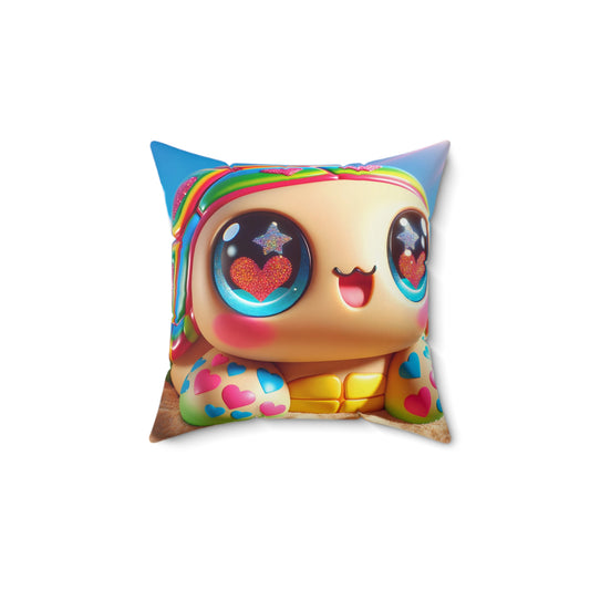 Oreiller | Polyester | Carré | Kawaii Fantaisie | Tortue Arc-en-ciel