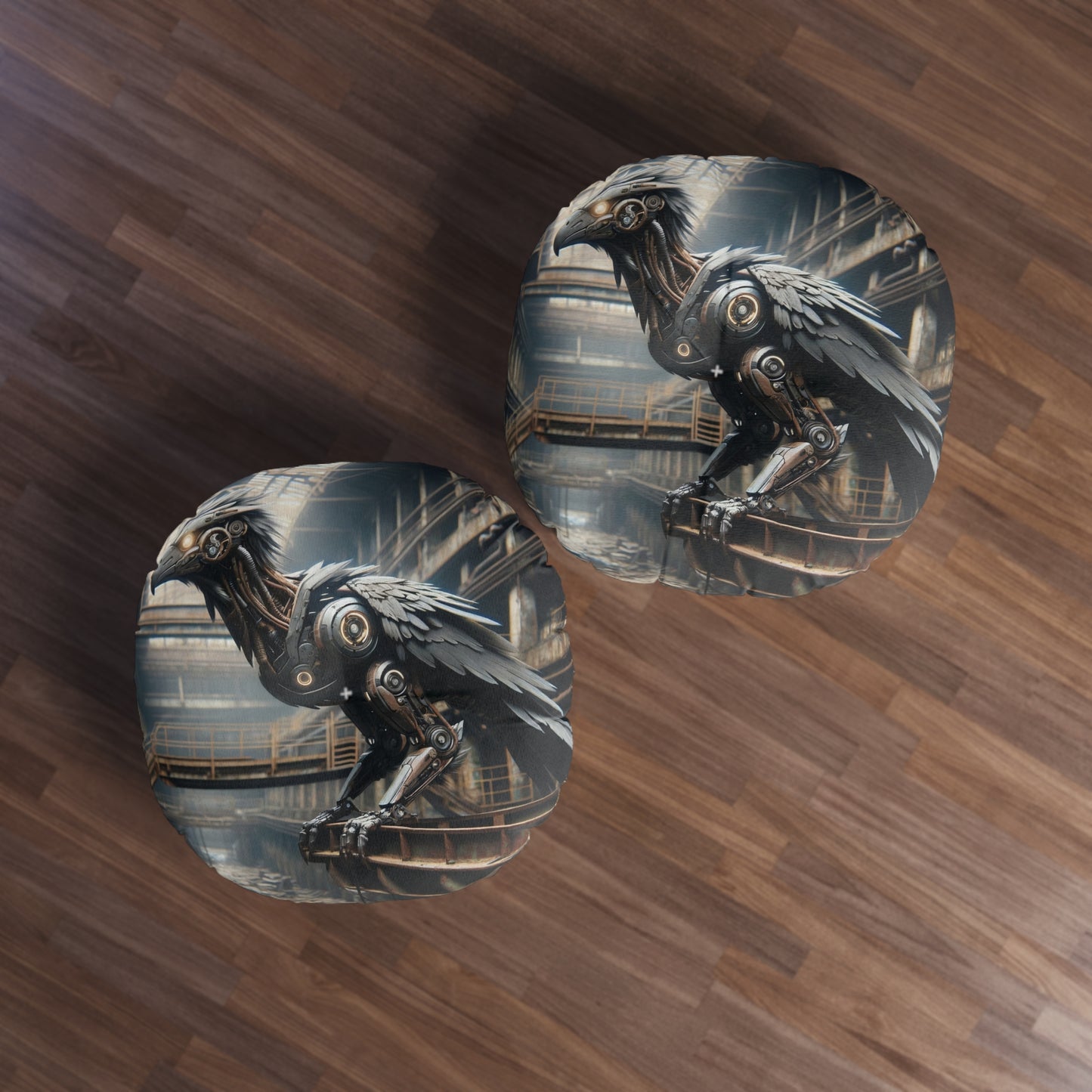 Coussin | Coussin de sol | Tufté | Rond | Steampunk | Rétrofuturisme | Corbeau