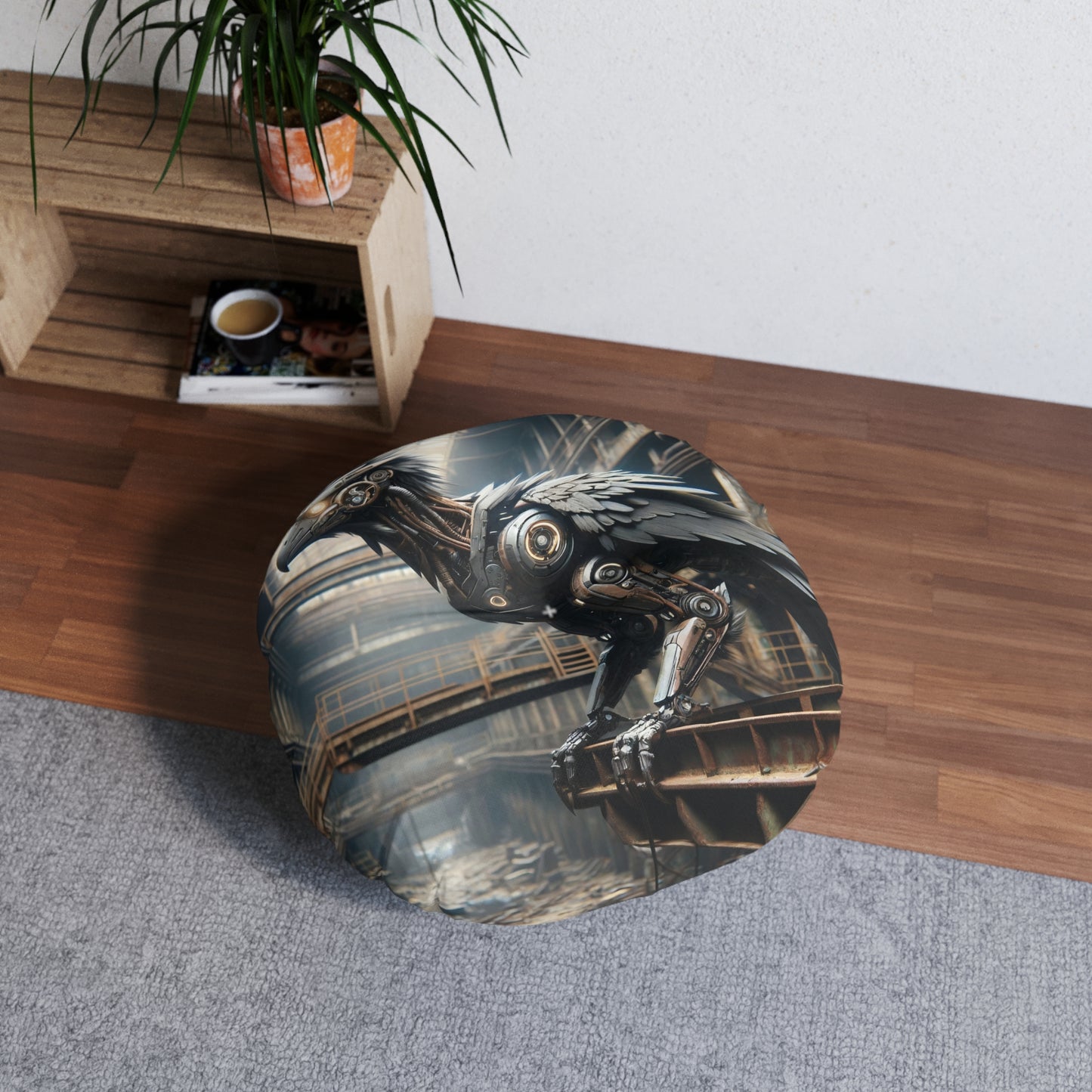 Coussin | Coussin de sol | Tufté | Rond | Steampunk | Rétrofuturisme | Corbeau