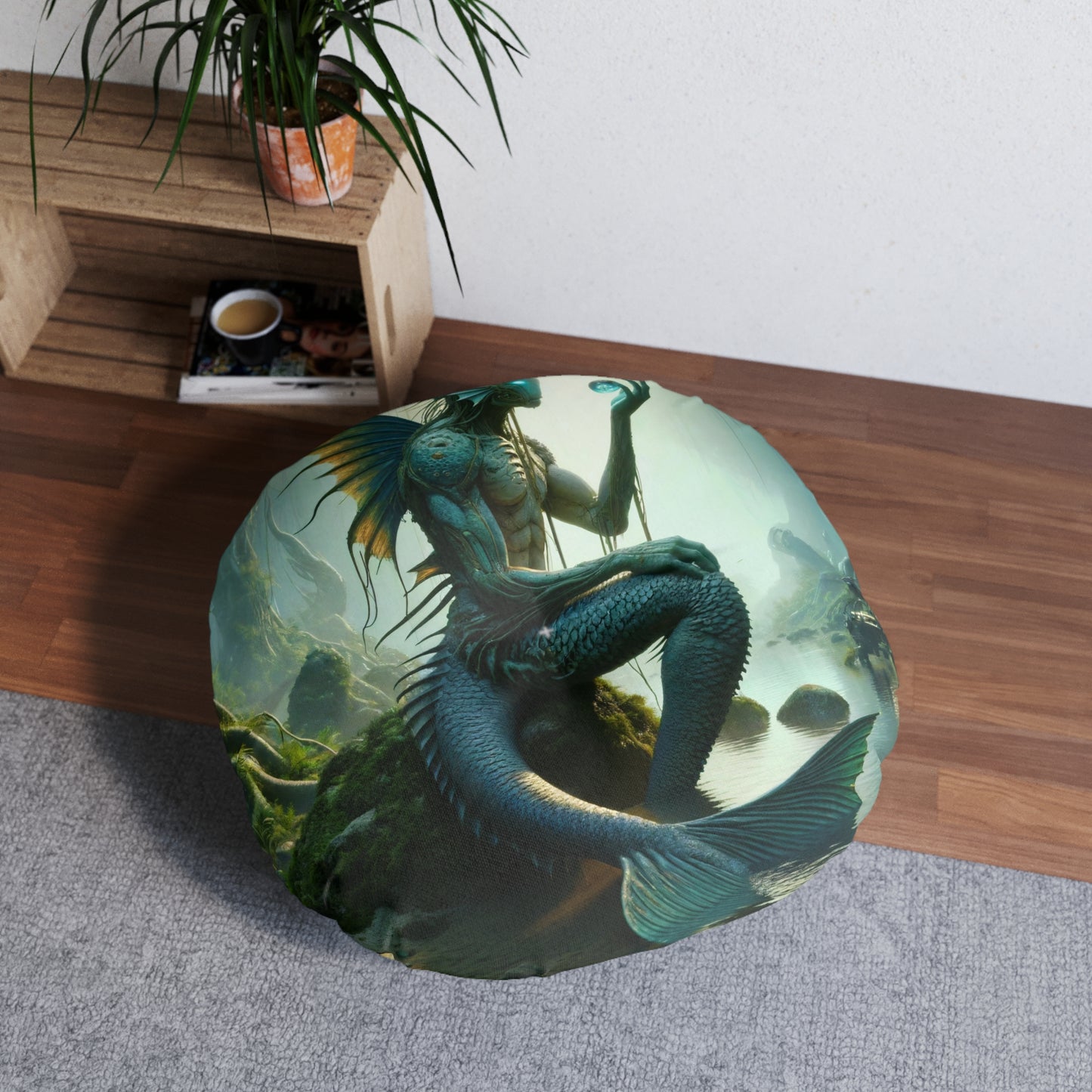 Kussen | Vloerkussen | Getuft | Rond | Slavische Mythe | Vodyanoy | Watergeest