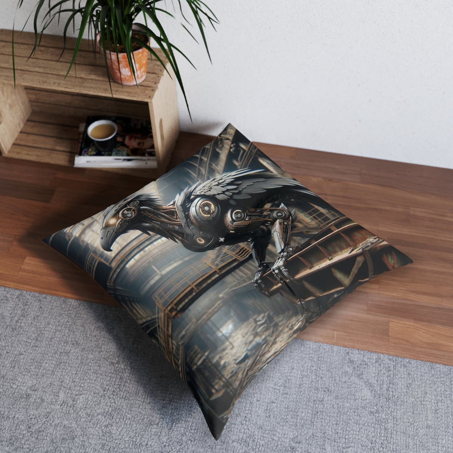 Coussin | Coussin de sol | Tufté | Carré | Steampunk | Rétrofuturisme | Corbeau