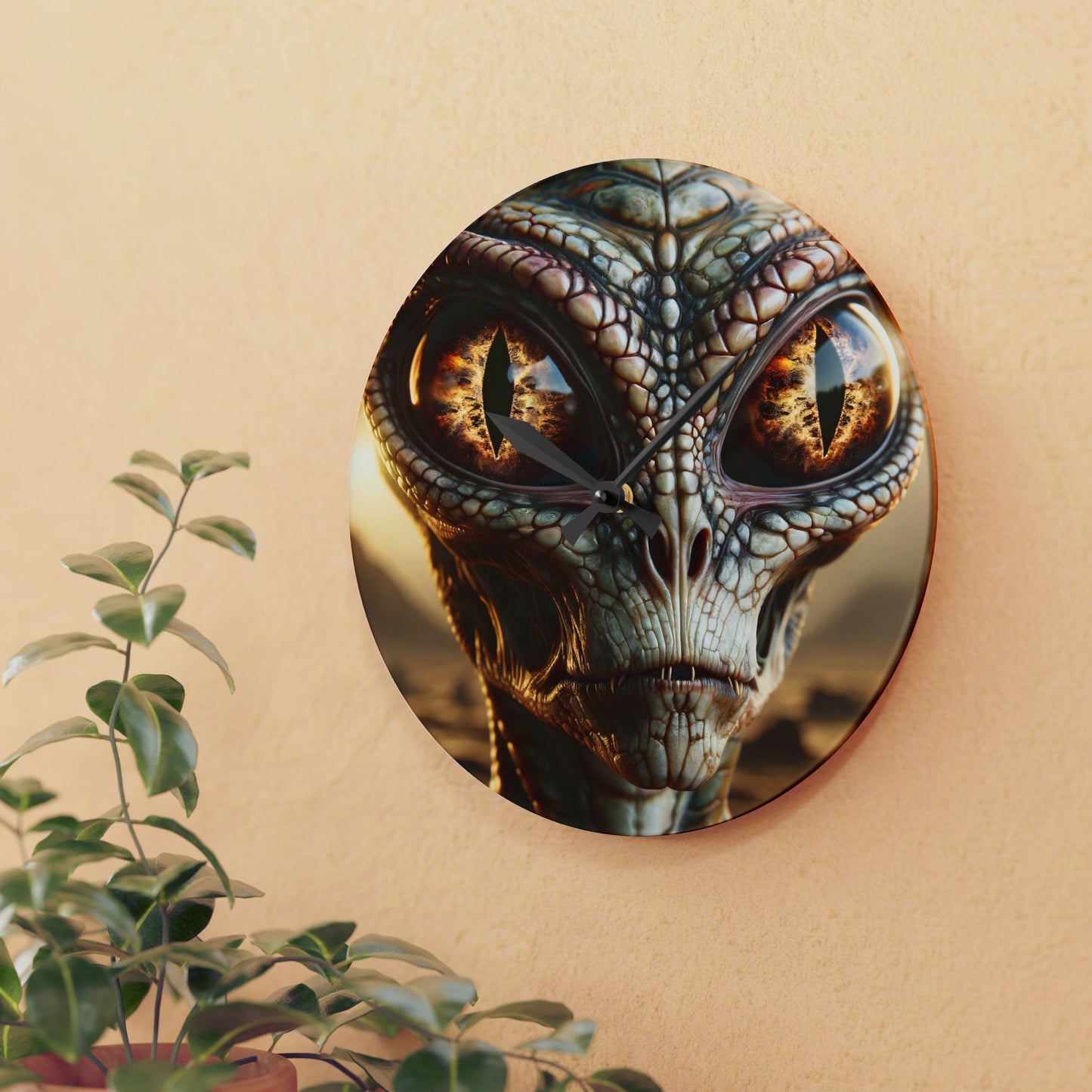 ساعة حائط | أكريليك | مستديرة أو مربعة | خيال علمي رپتويدي | وجه الفضائي