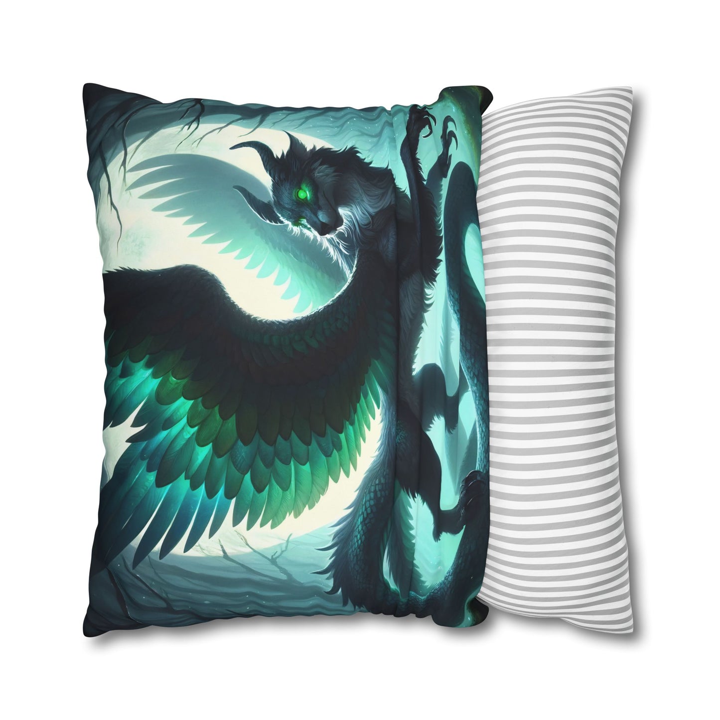 غطاء وسادة | مربع | قماش بوليستر | تنين أسطوري | مخلوق خيالي | جناح ريشي