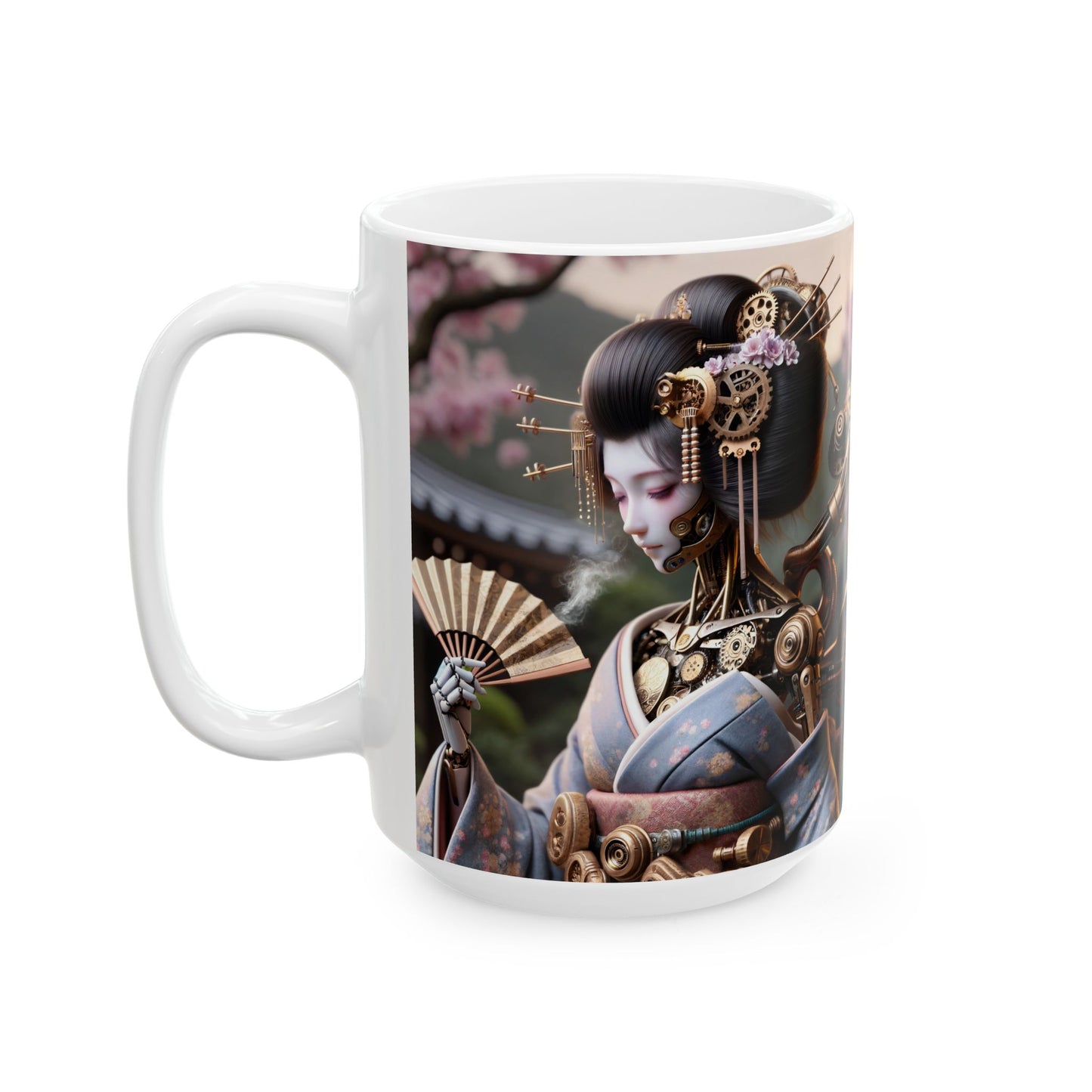 Kubek | Ceramiczny | Biały | Steampunk | Cyberpunk | Gejsza Robot