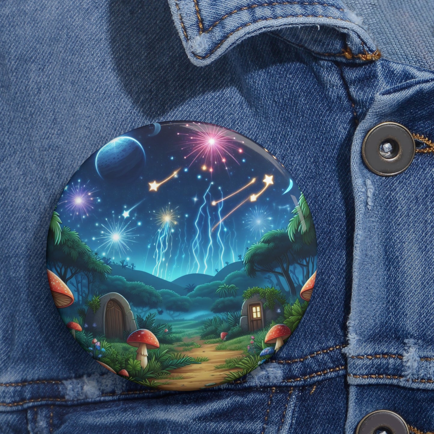 Rozet | İğneli Rozet | Arkası İğneli | Fantastik Mantar Evi | Kozmik Gece