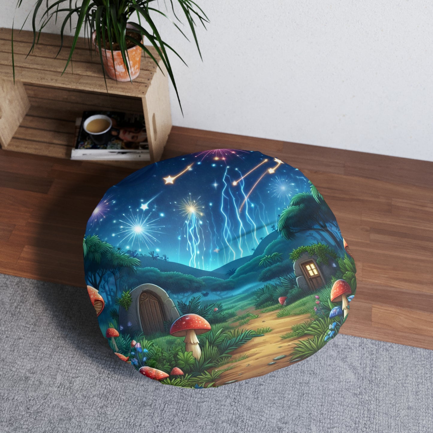 Yastık | Yer Minderi | Püsküllü | Yuvarlak | Fantastik Mantar Evi | Kozmik Gece