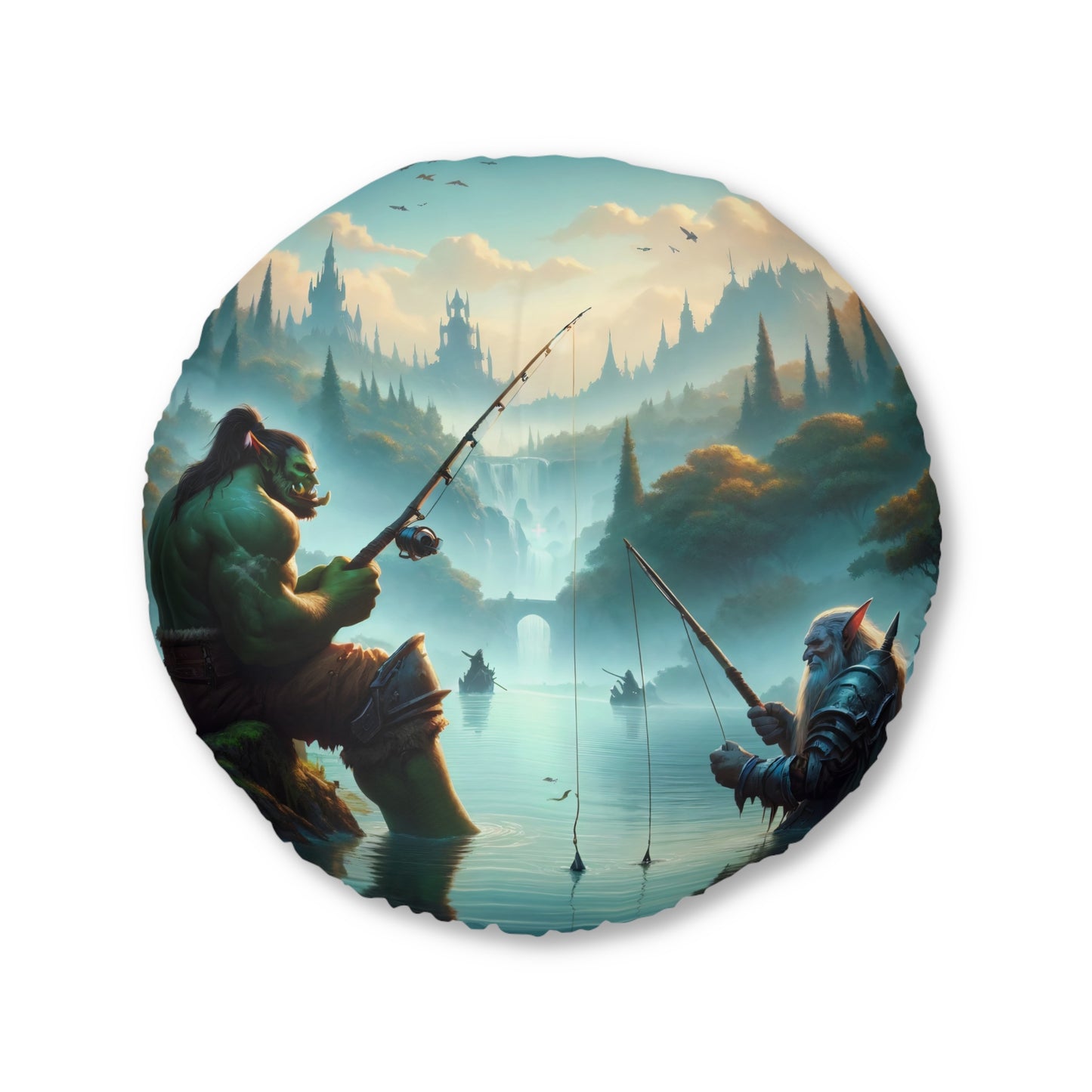 Cuscino | Cuscino da pavimento | Trapuntato | Rotondo | Fantasy Interrazziale | Amicizia Orc-Nano