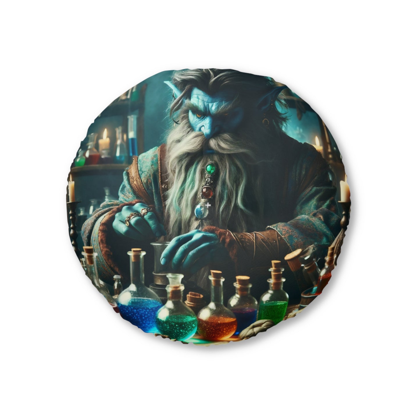 Cuscino | Cuscino da pavimento | Trapuntato | Rotondo | Alchimia Mistica | Djinn Blu