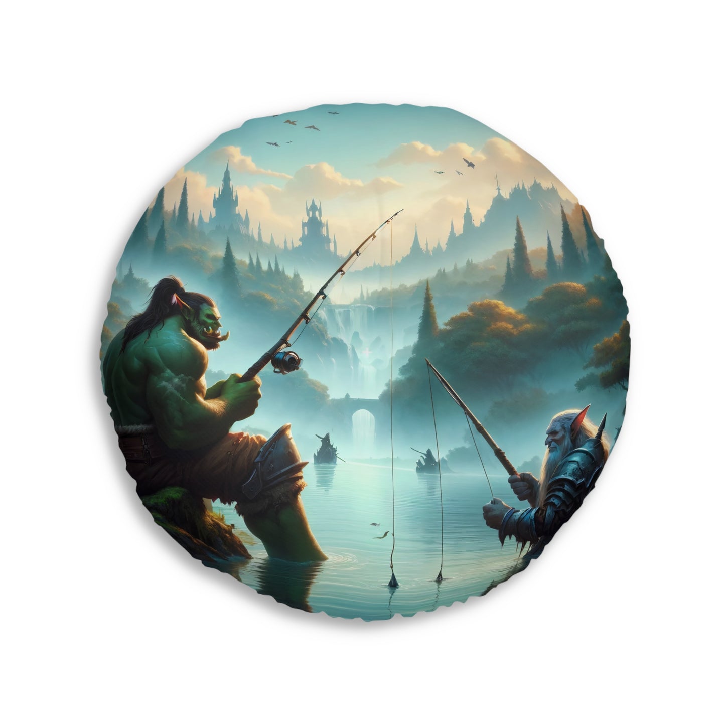 Cuscino | Cuscino da pavimento | Trapuntato | Rotondo | Fantasy Interrazziale | Amicizia Orc-Nano