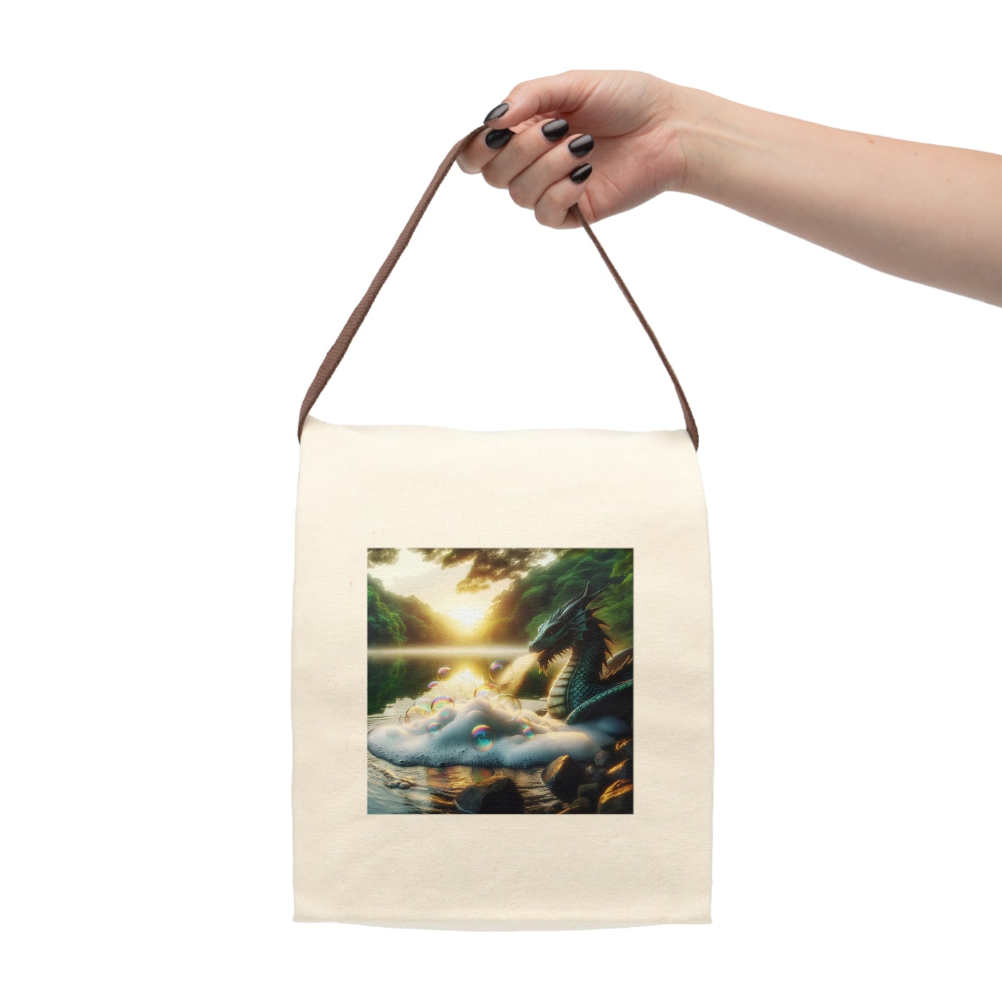 لنچ بیگ | کینوس | پٹے کے ساتھ | فینٹسی ڈریگن | جادوئی جھیل منظر