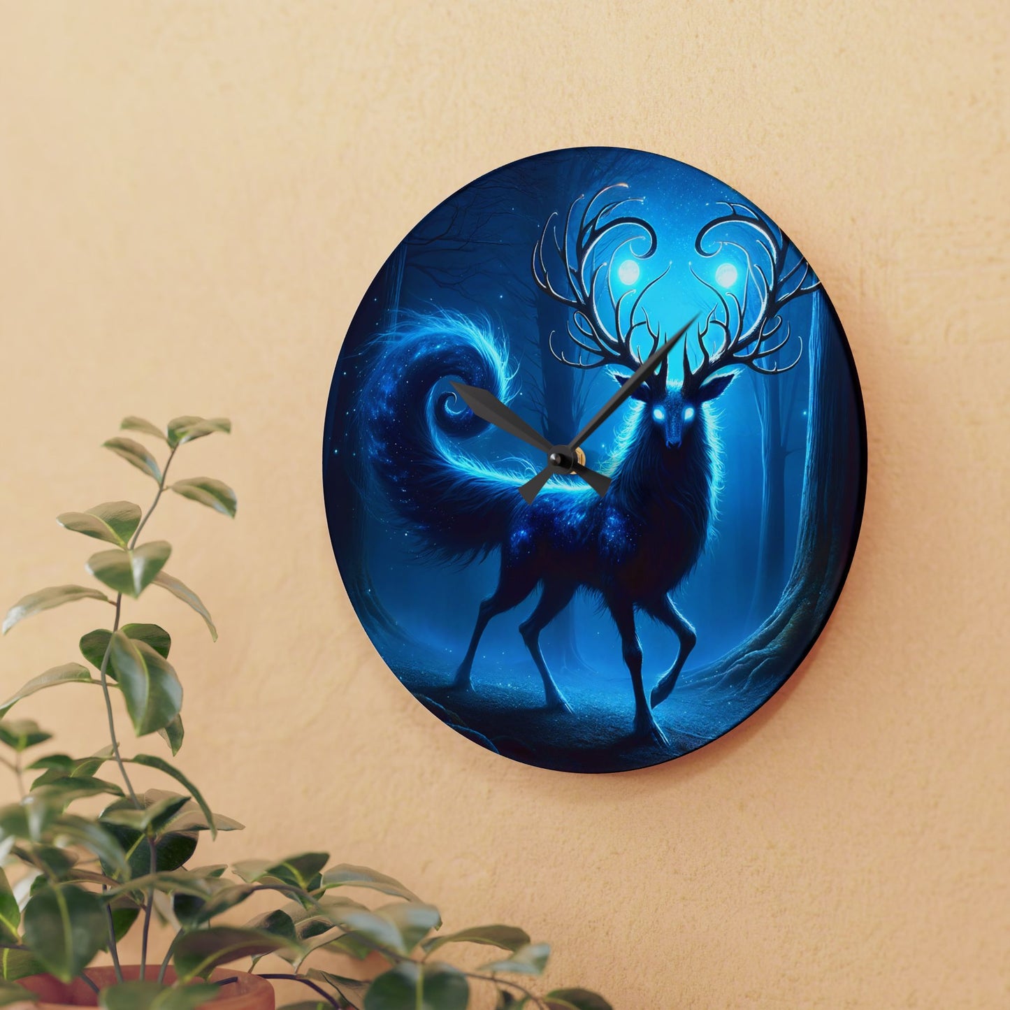 Настенные часы | Акрил | Круглые или квадратные | Мистический лес | Синий олень