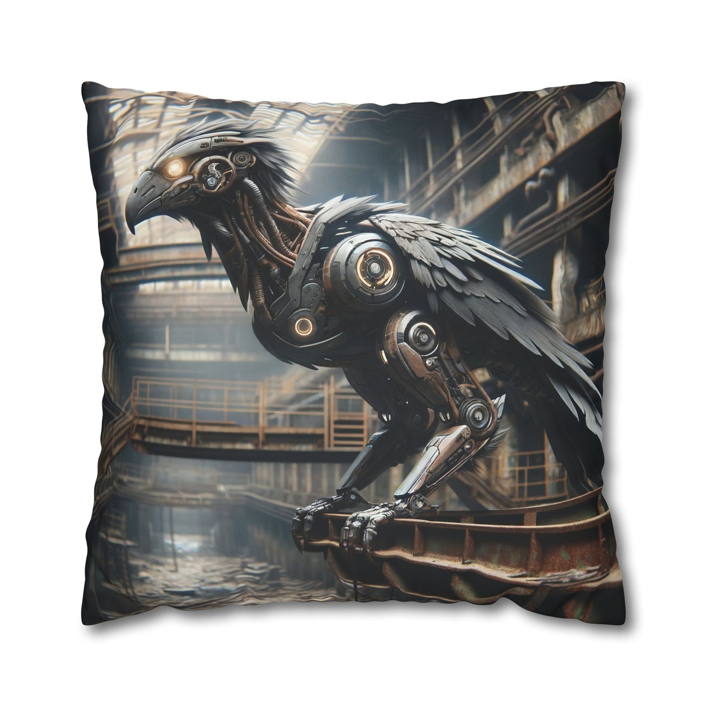 Taie d'oreiller | Carré | Toile de polyester | Steampunk | Rétrofuturisme | Corbeau
