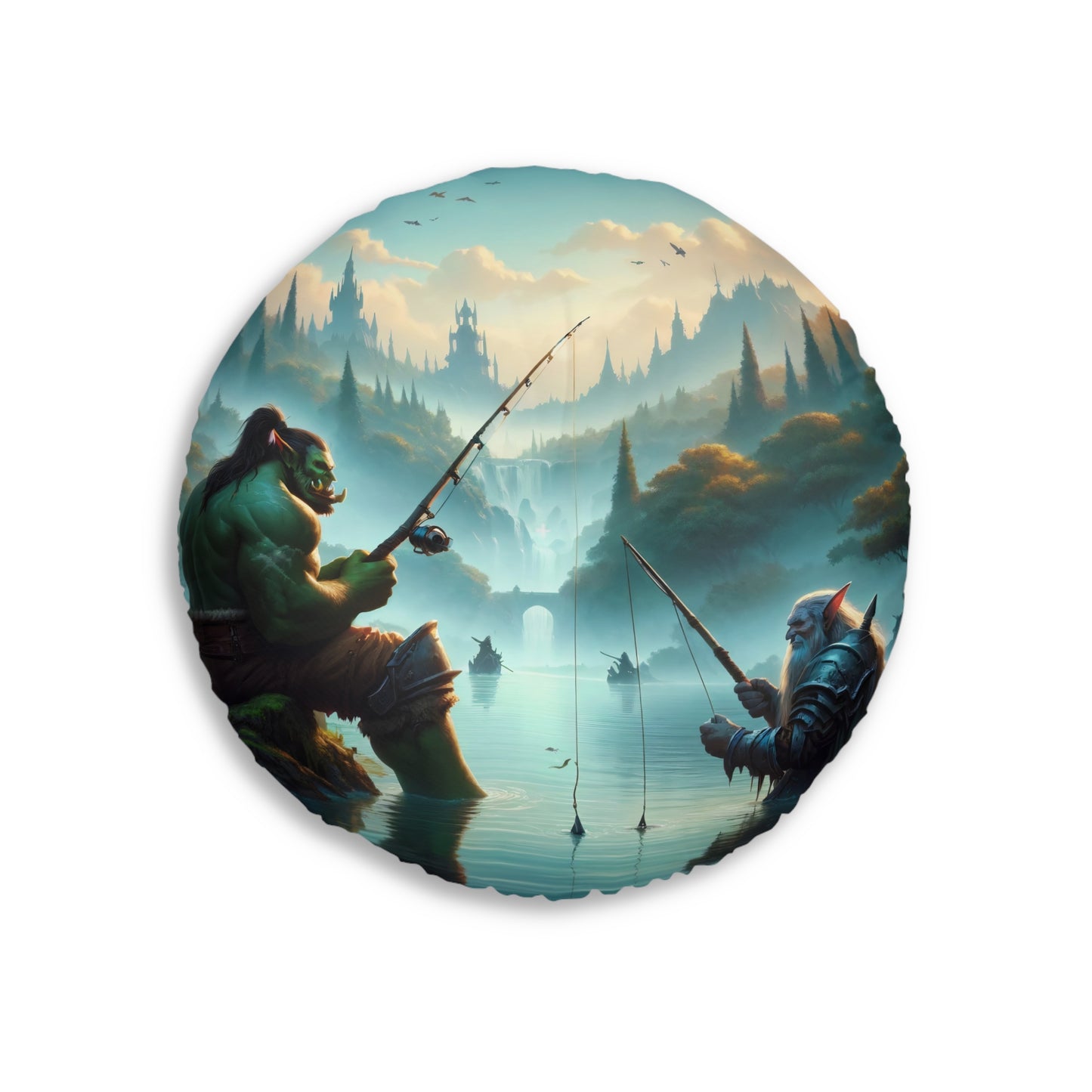 Cuscino | Cuscino da pavimento | Trapuntato | Rotondo | Fantasy Interrazziale | Amicizia Orc-Nano