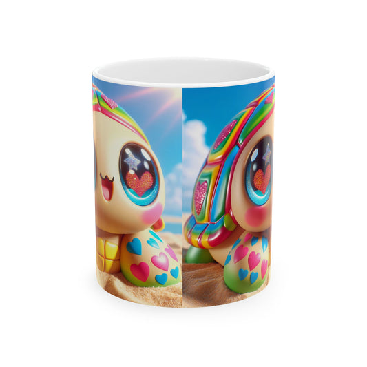 Mug | Céramique | Blanc | Kawaii Fantaisie | Tortue Arc-en-ciel