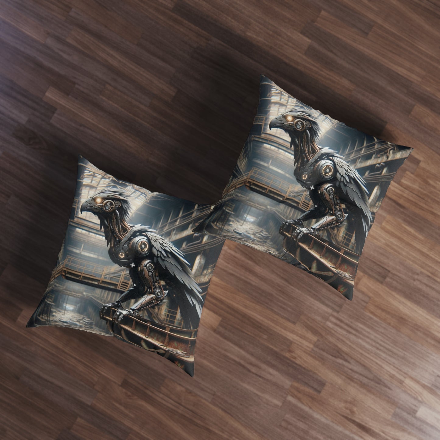 Coussin | Coussin de sol | Tufté | Carré | Steampunk | Rétrofuturisme | Corbeau