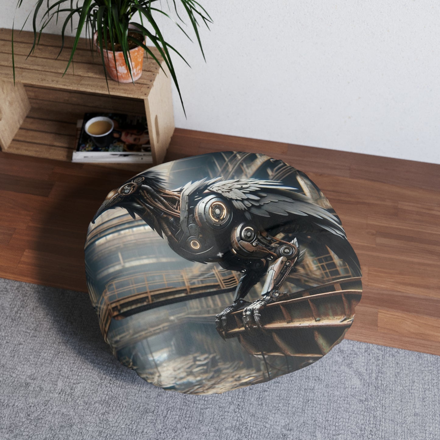 Coussin | Coussin de sol | Tufté | Rond | Steampunk | Rétrofuturisme | Corbeau