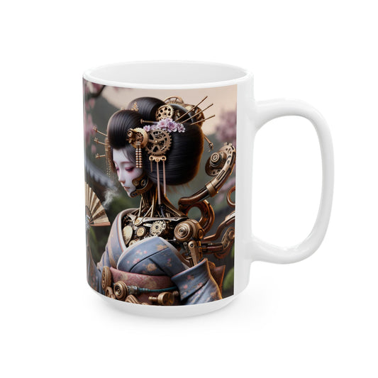 Krus | Keramikk | Hvit | Steampunk | Cyberpunk | Geisha