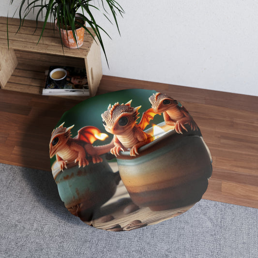 Pute | Gulvpute | Tuftet | Rund | Søt Fantasy Kunst | Baby Drage