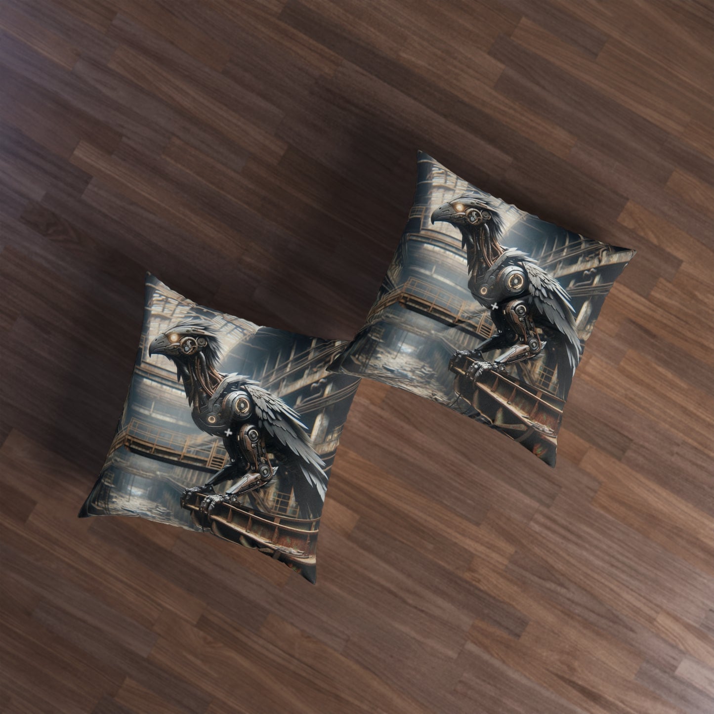 Coussin | Coussin de sol | Tufté | Carré | Steampunk | Rétrofuturisme | Corbeau