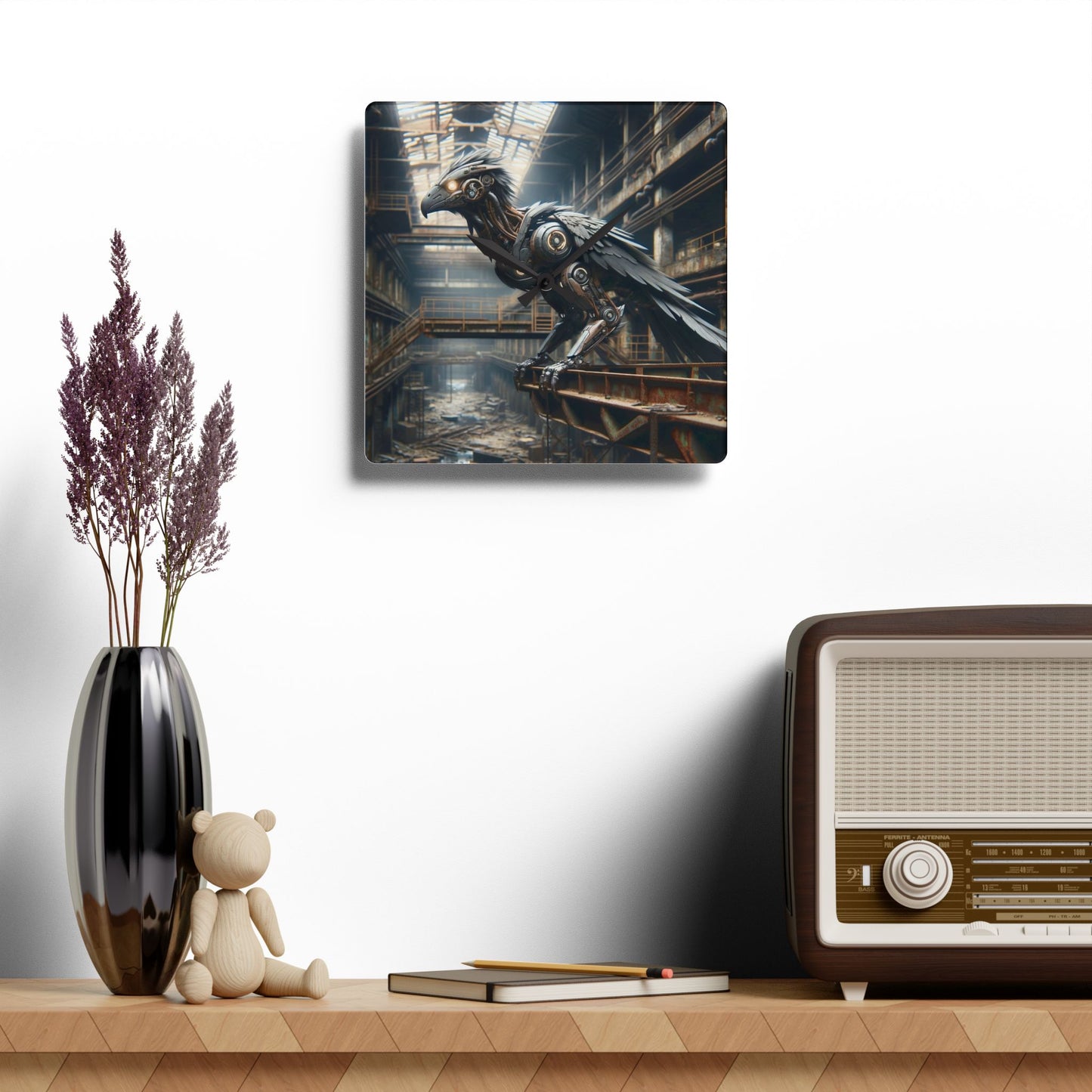 Horloge murale | Acrylique | Ronde ou carrée | Steampunk | Rétrofuturisme | Corbeau