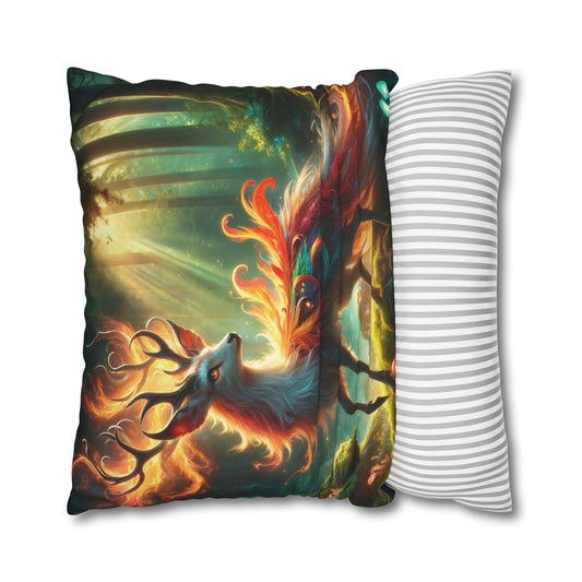 Funda de almohada | Cuadrado | Lienzo de poliéster | Fantasía Elemental | Ciervo de Fuego