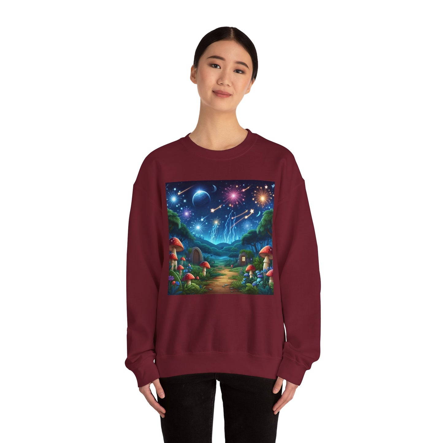 Sweatshirt | Unisex | Bisiklet Yaka | Kalın Karışım | Fantastik Mantar Evi | Kozmik Gece
