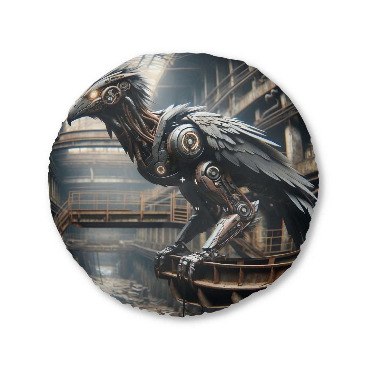Coussin | Coussin de sol | Tufté | Rond | Steampunk | Rétrofuturisme | Corbeau