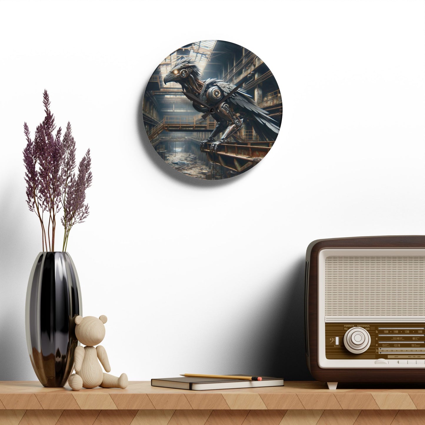 Horloge murale | Acrylique | Ronde ou carrée | Steampunk | Rétrofuturisme | Corbeau