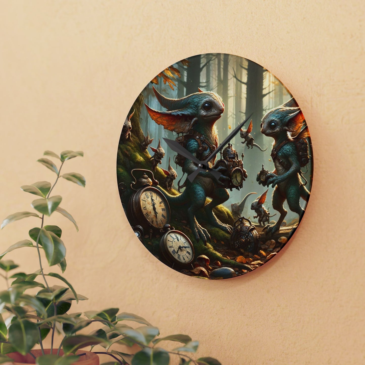 Wandklok | Acryl | Rond of vierkant | Steampunk Feeën | Boswachters