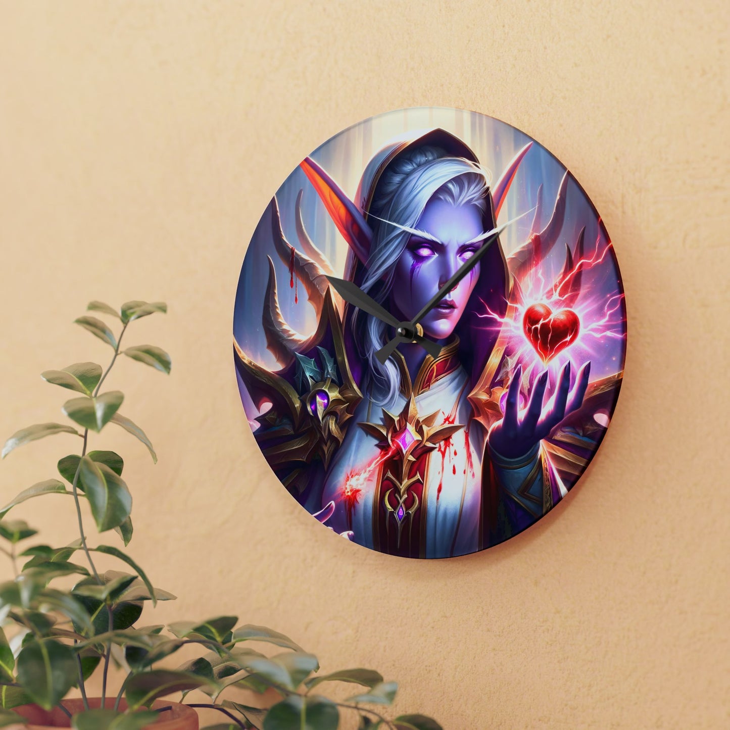 Wall Clock | Acrylic | Round or Square | Fantasy | Elven Blood Magic | Red Heart