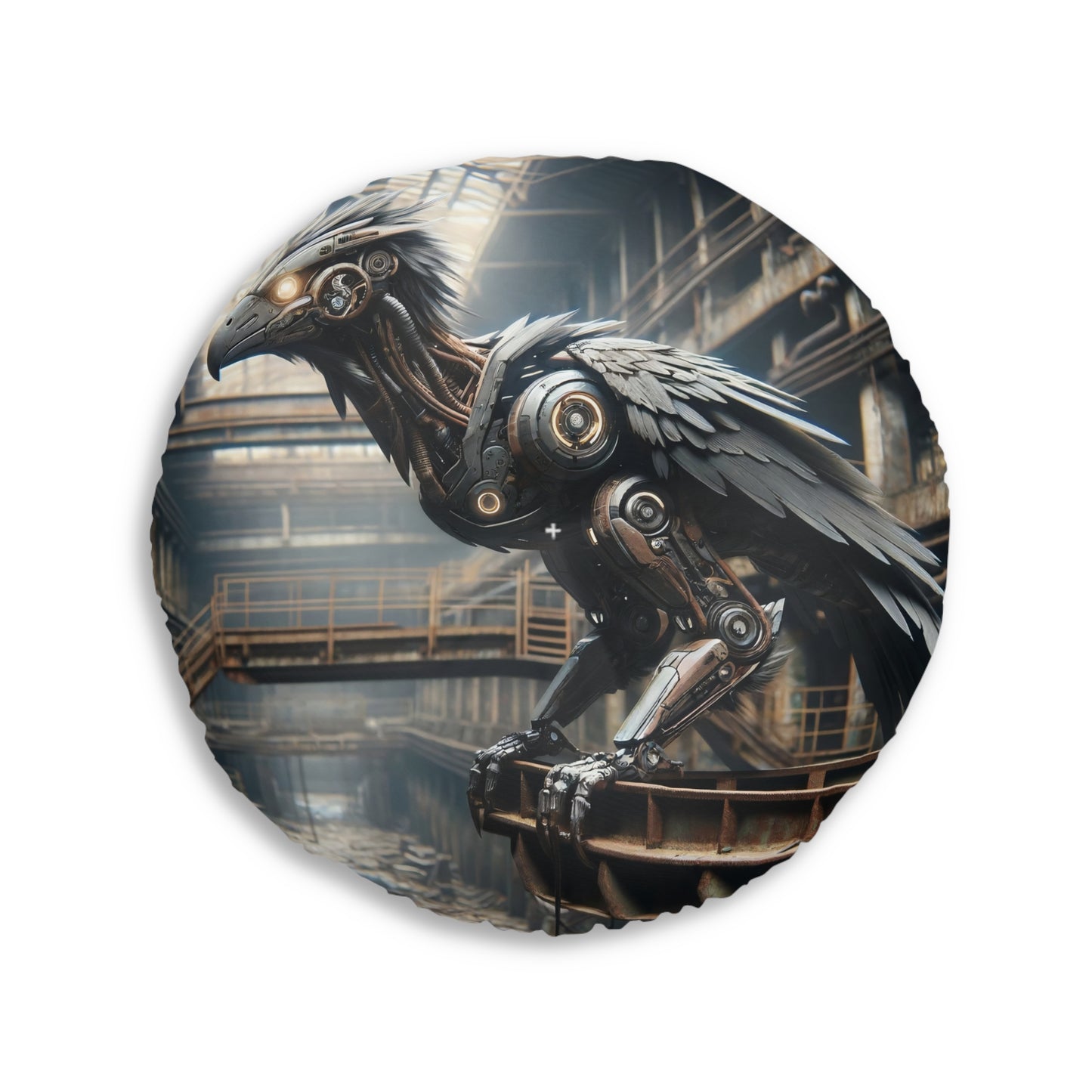 Coussin | Coussin de sol | Tufté | Rond | Steampunk | Rétrofuturisme | Corbeau