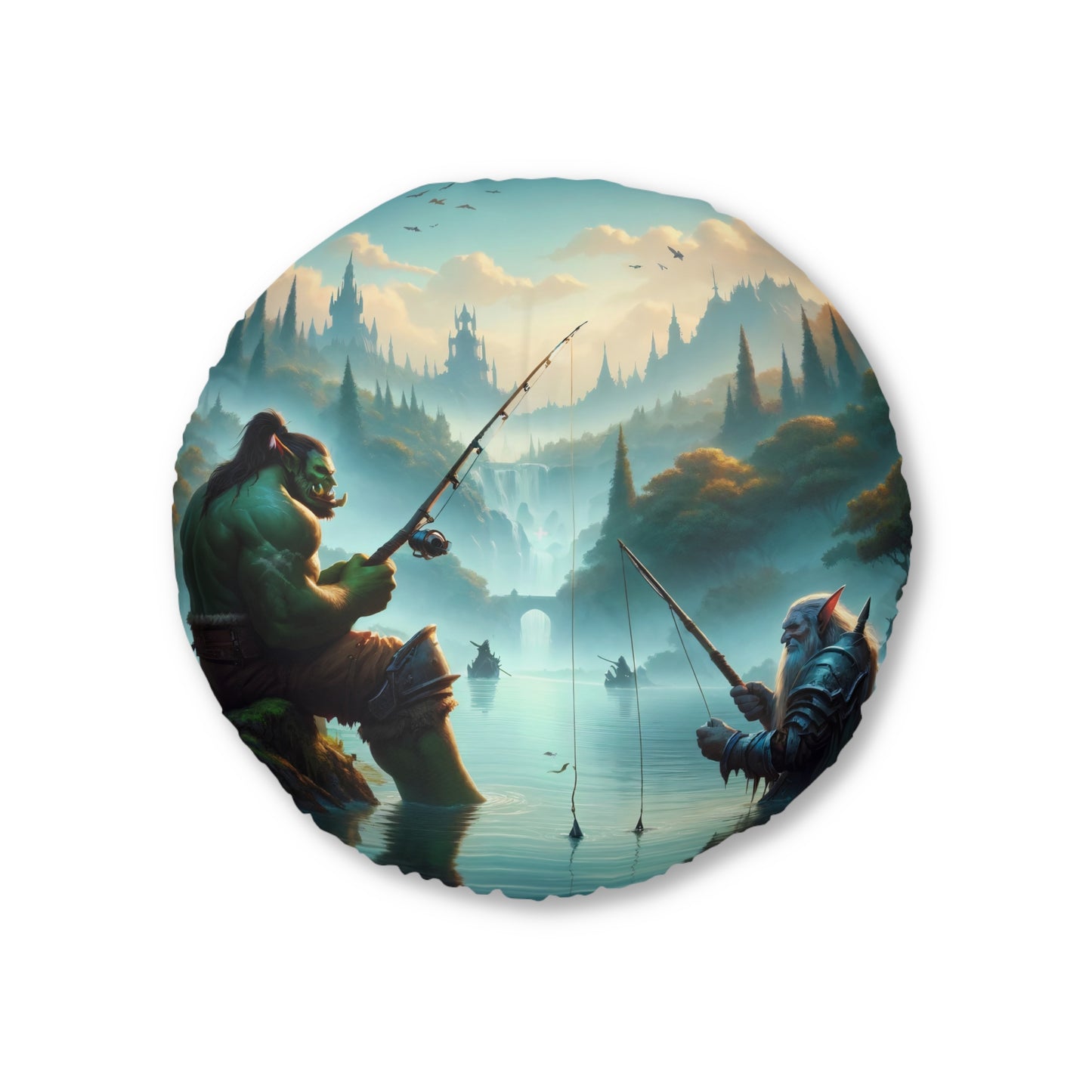 Cuscino | Cuscino da pavimento | Trapuntato | Rotondo | Fantasy Interrazziale | Amicizia Orc-Nano