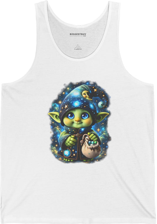 Galaxy Gnome - Jersey Tank Top in White, front view