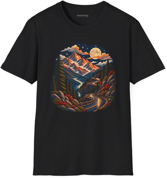 Moonlit Mountain - Softstyle T-Shirt in Black, front view