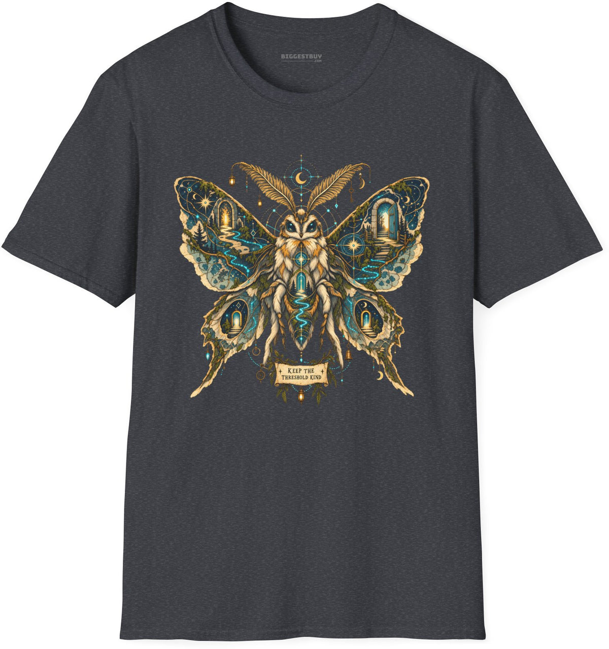 Moth Mystique - Softstyle T-Shirt in Dark Heather Grey, front view